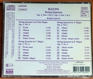HAYDN: STRING QUARTETS OP.1, NOS. 5&6 - OP. 2, NOS. 1&2 / KODALY QUARTET (1991) - CD 2.EL