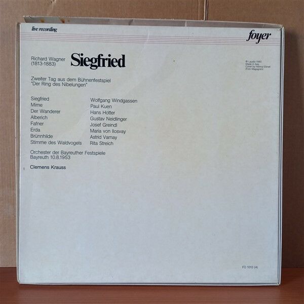 RICHARD WAGNER: SIEGFRIED / WOLFGANG WINDGASSEN, ASTRID VARNAY, PAUL KUEN, GUSTAV NEIDLINGER, JOSEF GREINDL, RITA STREICH, MARIA VON ILOSVAY, CLEMENS KRAUSS (1981) - 4LP BOX SET 2.EL PLAK