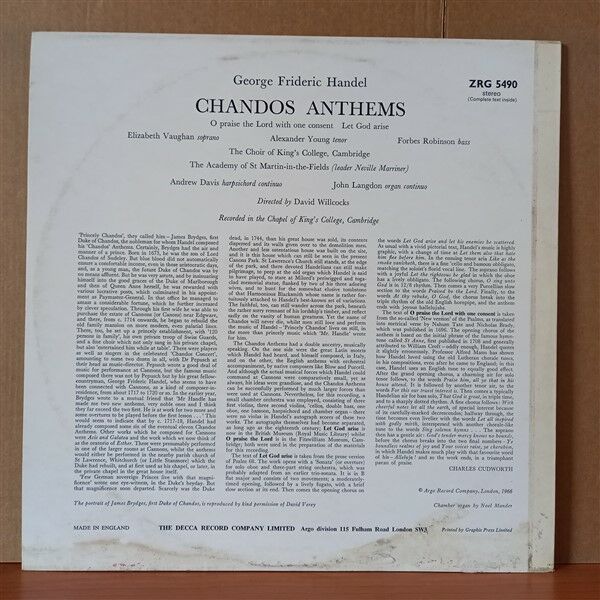 HANDEL: CHANDOS ANTHEMS / ELIZABETH VAUGHAN, ALEXANDER YOUNG, FORBES ROBINSON, CHOIR OF KING'S COLLEGE CAMBRIDGE, THE ACADEMY OF ST. MARTIN-IN-THE-FIELDS CONDUCTED BY DAVID WILLCOCKS (1966) - LP 2.EL PLAK
