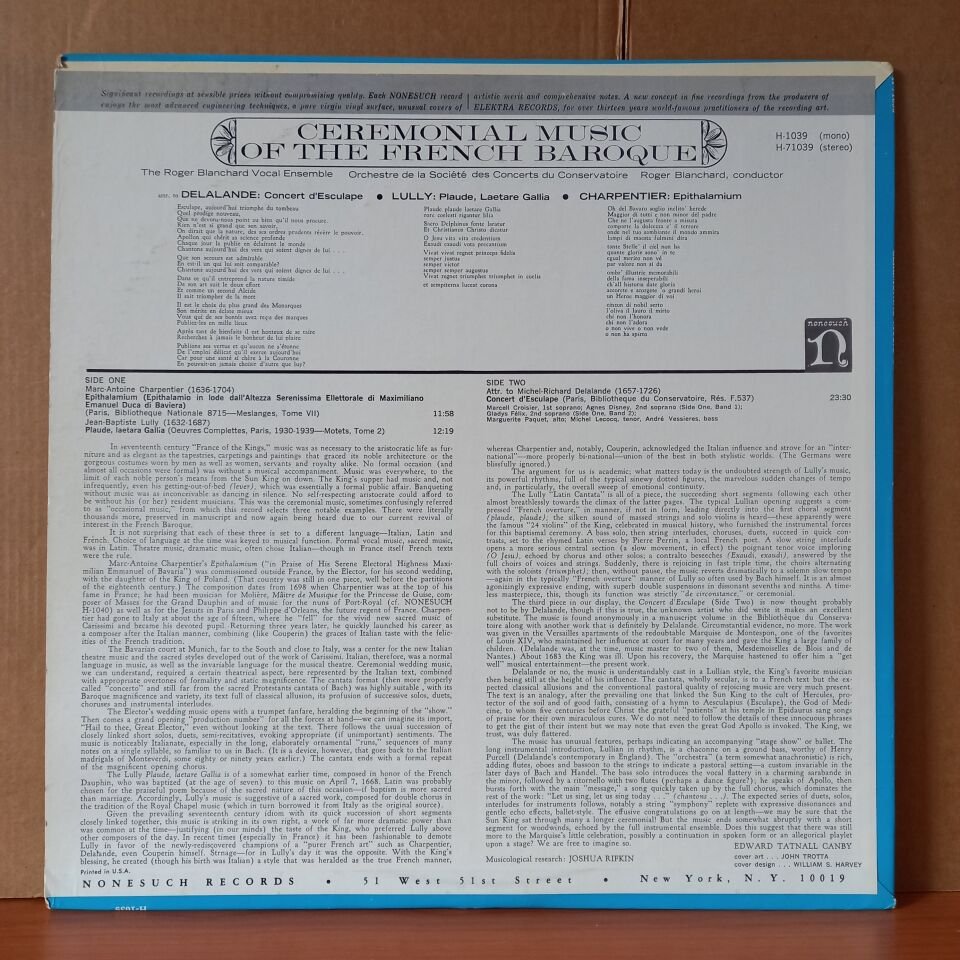 CEREMONIAL MUSIC OF THE FRENCH BAROQUE / CHARPENTIER • LULLY • DELALANDE / THE ROGER BLANCHARD VOCAL ENSEMBLE, ORCHESTRE DE LA SOCIETE DES CONCERTS DU CONSERVATOIRE, ROGER BLANCHARD (1964) - LP 2.EL PLAK