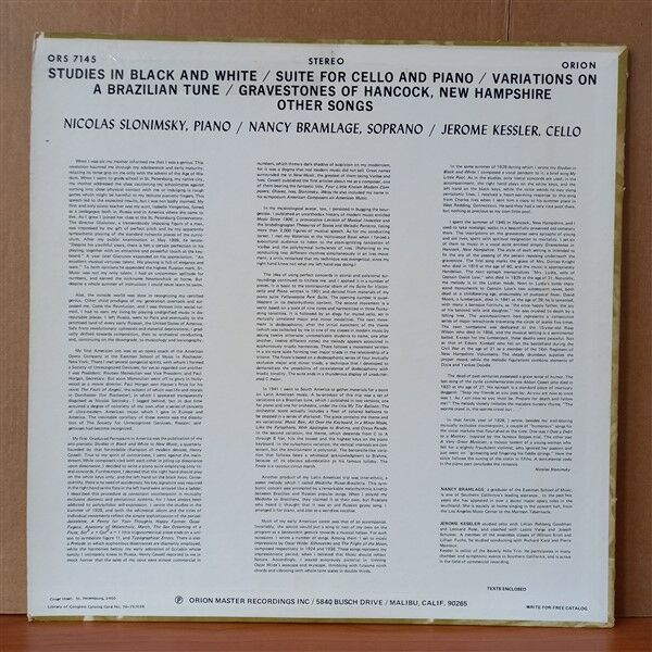 NICOLAS SLONIMSKY, NANCY BRAMLAGE, JEROME KESSLER – STUDIES IN BLACK AND WHITE / SUITE FOR CELLO AND PIANO / GRAVESTONES OF HANCOCK, N.H. (1971) - LP 2.EL PLAK