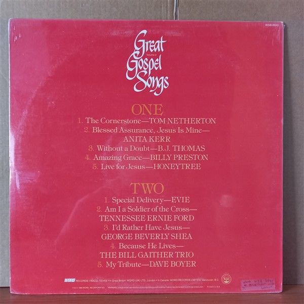 GREAT GOSPEL SONGS VOLUME 2 / TOM NETHERTON, ANITA KERR, B.J. THOMAS, BILLY PRESTON, EVIE, HONEYTREE (1980) - LP DÖNEM BASKISI SIFIR PLAK