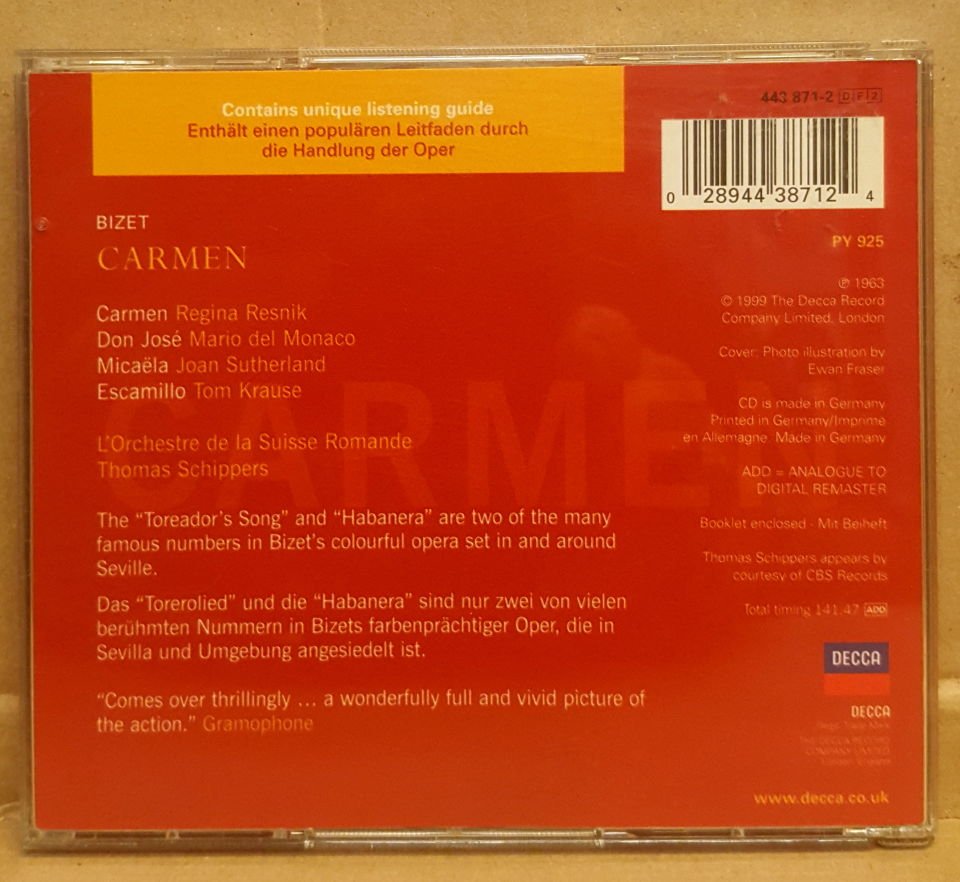 BIZET - CARMEN / REGINA RESNIK , MARIO DELMONACO , JOAN SUTHERLAND , TOM KRAUSE (1963) - 2CD OPERA 1999 DECCA EDITION 2.EL