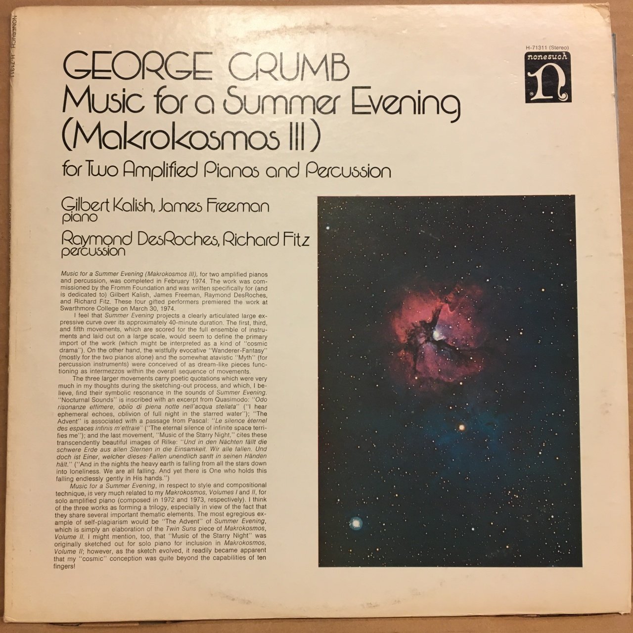 GEORGE CRUMB, MUSIC FOR A SUMMER EVENING (MAKROKOSMOS III) 1975 2.EL PLAK