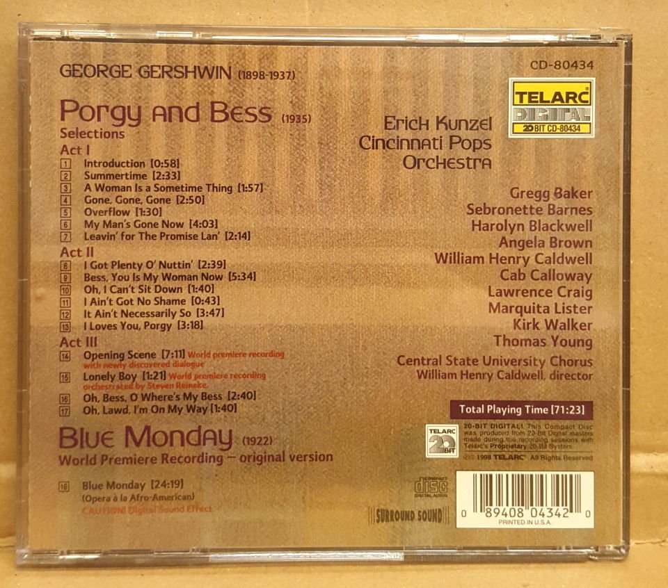 GEORGE GERSHWIN - SELECTIONS FROM PORGY AND BESS + BLUE MONDAY / CAB CALLOWAY , THOMAS YOUNG , ANGELA BROWN , GREGG BAKER , HAROLYN BLACKWELL / ERICK KUNZEL & CINCINNATI POP ORCHESTRA (1988) - CD 2.EL