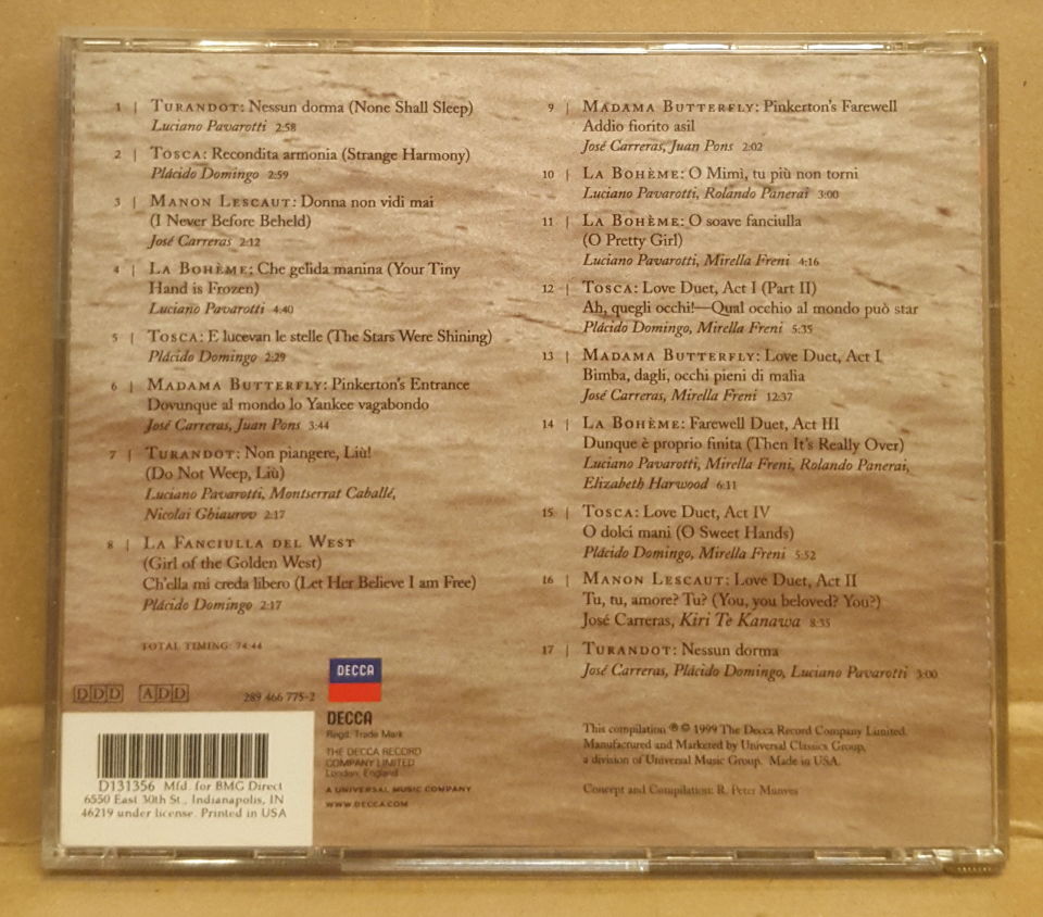 JOSE CARRERAS PLACIDO DOMINGO LUCIANO PAVAROTTI - PUCCINI'S GREATEST LOVE SONGS / TU TU AMORE (1998) - CD 2.EL