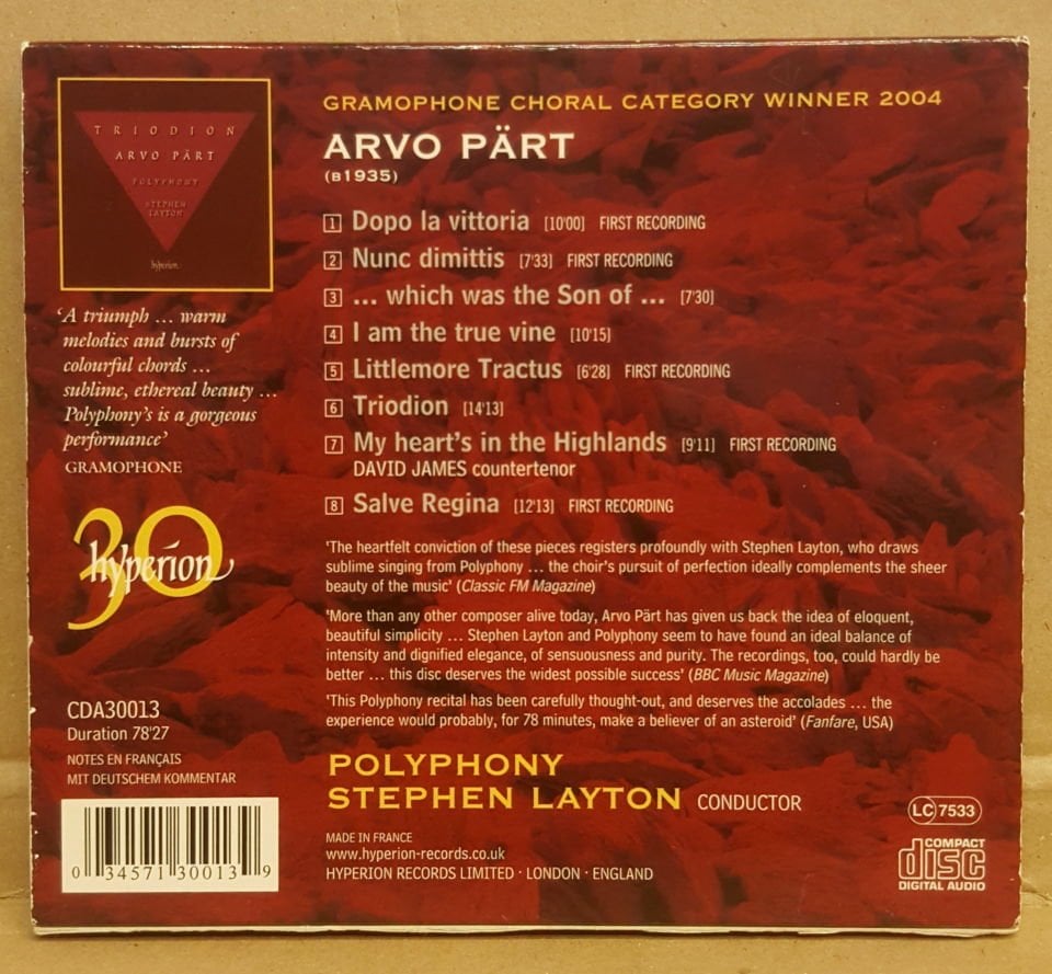 ARVO PART - TRIODION / STEPHEN LAYTON & POLYPHONY CHOIR (2010) - CD JEWEL CASE 2.EL