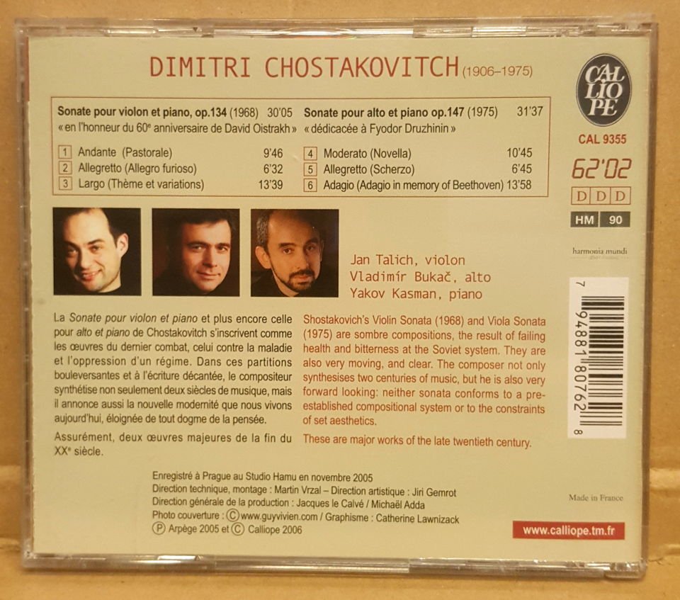 SHOSTAKOVICH - SONATES / VIOLIN & PIANO , ALTO & PIANO / JAN TALICH , VLADIMIR BUKAC , YAKOV KASMAN (2006) - CD JEWEL CASE 2.EL