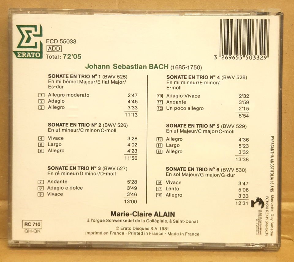 J.S. BACH - 6 SONATES EN TRIO / MARIE CLAIRE ALAIN (ORGANIST) - CD 1988 EDITION JEWEL CASE 2.EL