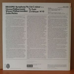 BRAHMS: SYMPHONY NO.1 / VIENNA PHILHARMONIC, WIENER PHILHARMONIKER, ZUBIN MEHTA (1979) - LP 2.EL PLAK