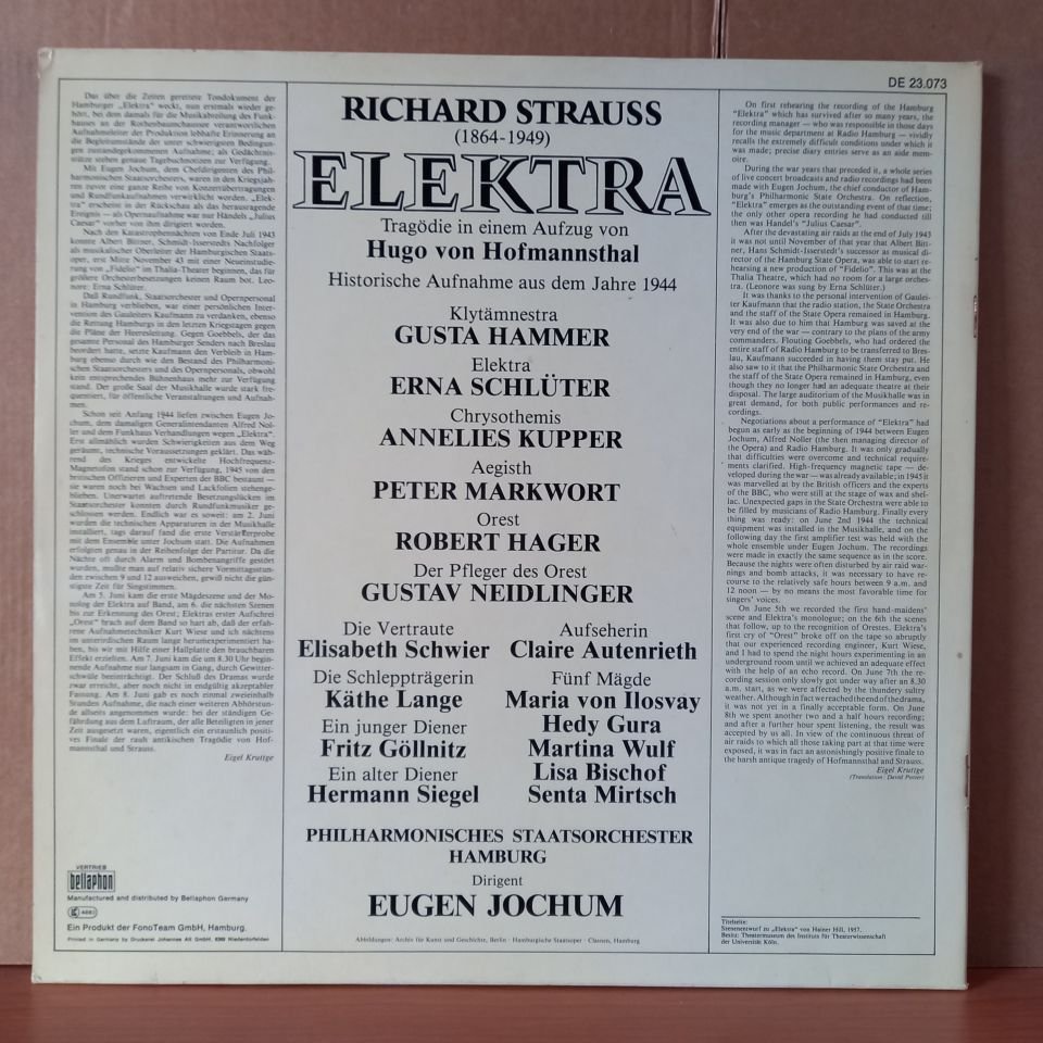 RICHARD STRAUSS: ELEKTRA / CHOR UND ORCHESTER DER HAMBURGISCHEN STAATSOPER, EUGEN JOCHUM (1978) - 2LP 2.EL PLAK