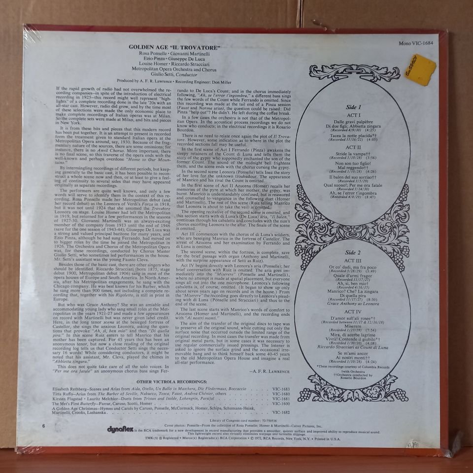 GOLDEN AGE ''IL TROVATORE'' / PONSELLE, MARTINELLI, PINZA, DE LUCA, HOMER, STRACCIARI (1972) - LP DÖNEM BASKISI SIFIR PLAK