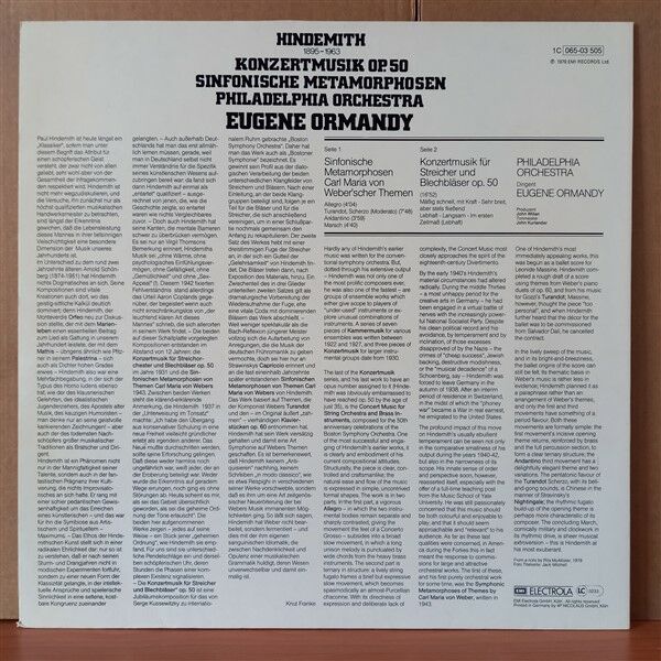 HINDEMITH - PHILADELPHIA ORCHESTRA, EUGENE ORMANDY – KONZERTMUSIK OP. 50 / SYMPHONISCHE METAMORPHOSEN (1979) - LP 2.EL PLAK