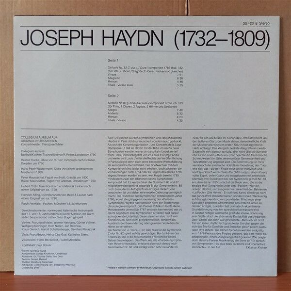 HAYDN: PARISER SINFONIEN NR.83 G-MOLL „LA POULE” / NR.82 C-DUR „L'OURS” / COLLEGIUM AUREUM (1979) - LP 2.EL PLAK