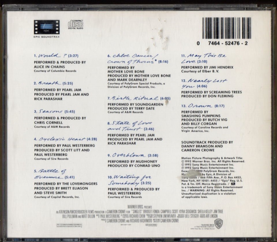SINGLES SOUNDTRACK - ALICE IN CHAINS, PERAL JAM, SOUNDGARDEN, JIMI HENDRIX (1992) CD 2.EL