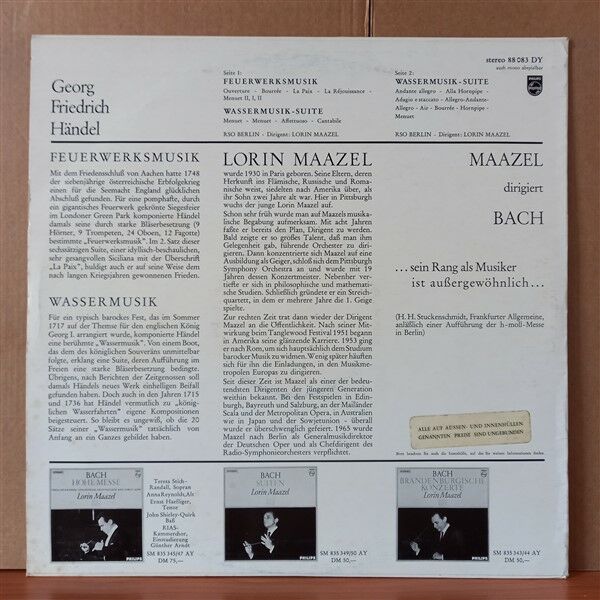 HANDEL: WASSERMUSIK-SUITE / FEUERWERKSMUSIK / LORIN MAAZEL, RSO BERLIN (1966) - LP 2.EL PLAK