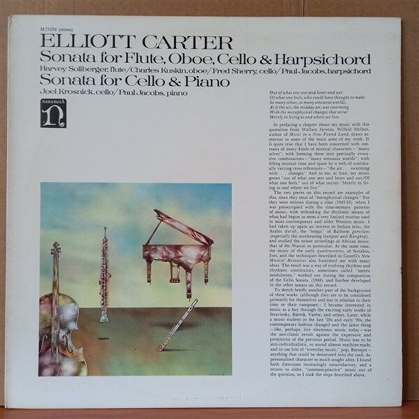 ELLIOTT CARTER – SONATA FOR FLUTE, OBOE, CELLO & HARPSICHORD / SONATA FOR CELLO & PIANO / HARVEY SOLLBERGER, JOEL KROSNICK, PAUL JACOBS, CHARLES KUSKIN, FRED SHERRY (1969) - LP 2.EL PLAK