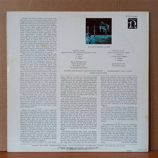 ELLIOTT CARTER – SONATA FOR FLUTE, OBOE, CELLO & HARPSICHORD / SONATA FOR CELLO & PIANO / HARVEY SOLLBERGER, JOEL KROSNICK, PAUL JACOBS, CHARLES KUSKIN, FRED SHERRY (1969) - LP 2.EL PLAK