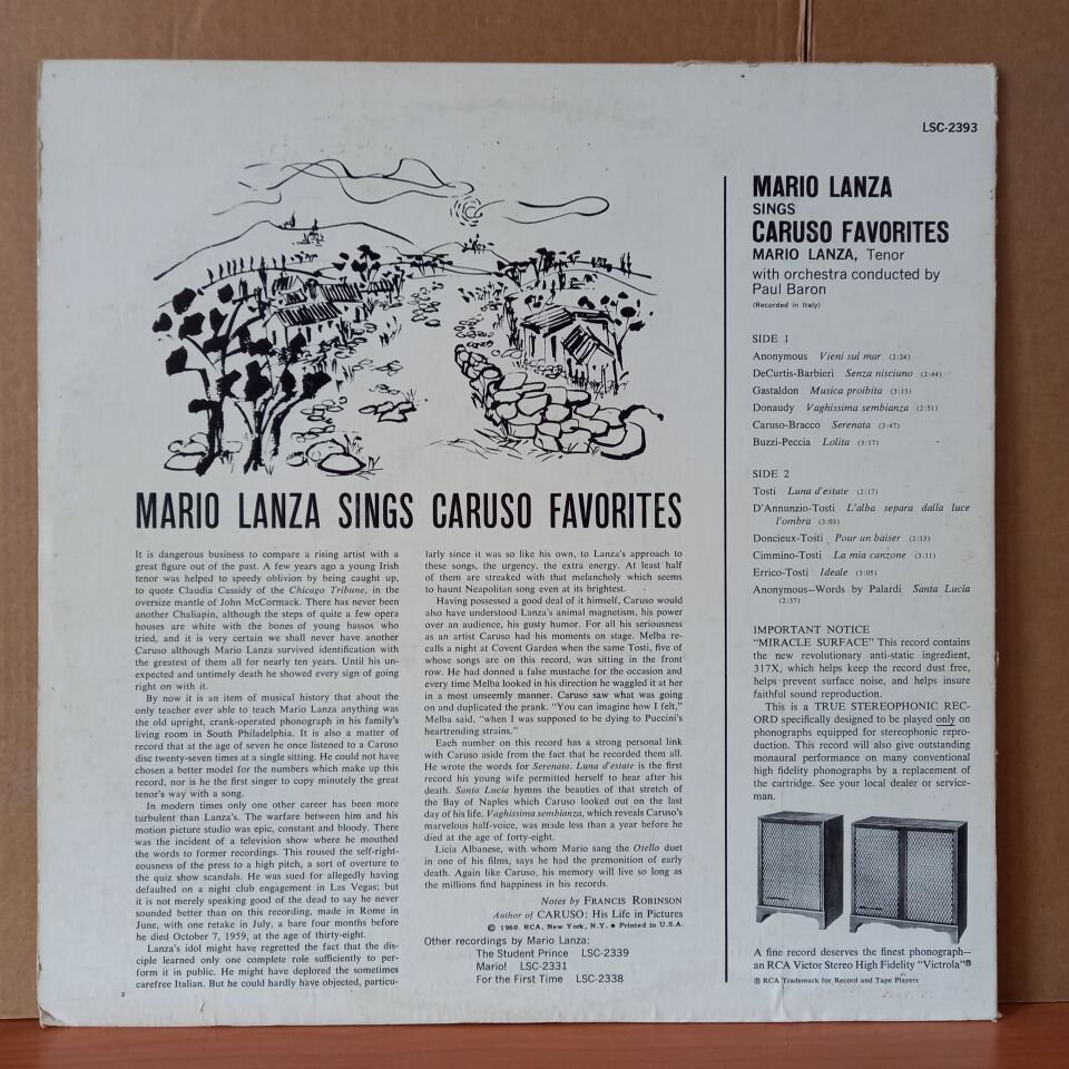 MARIO LANZA – MARIO LANZA SINGS CARUSO FAVORITES (1960) - LP 2.EL PLAK