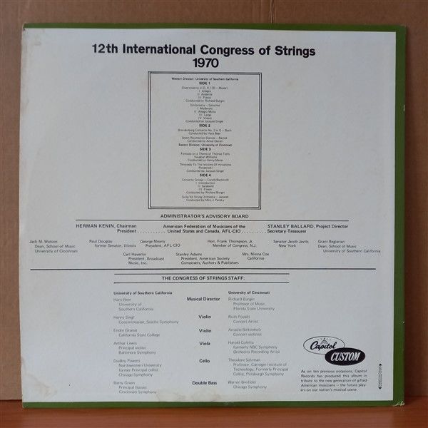 A.F. OF M. / 12TH INTERNATIONAL CONGRESS OF STRINGS 1970 / STANLEY BALLARD, JACQUES SINGER, HENRY MAZER, MIRO J. PANSKY, RICHARD BURGIN - 2LP 2.EL PLAK