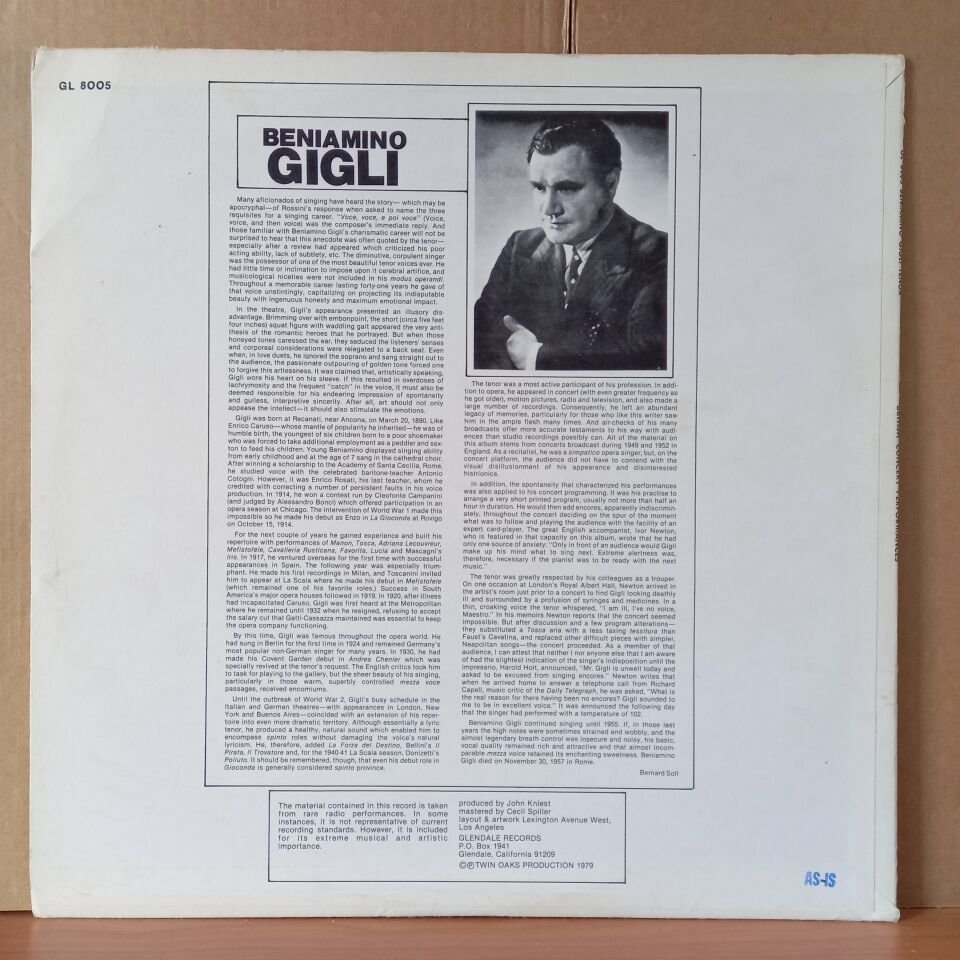 BENIAMINO GIGLI – BRITISH CONCERT PERFORMANCES WITH ACCOMPANIMENT BY MAESTROS IVOR NEWTON AND VICTOR CARNEVALLI / BIZET, VERDI, MOZART, DONIZETTI (1979) - LP 2.EL PLAK