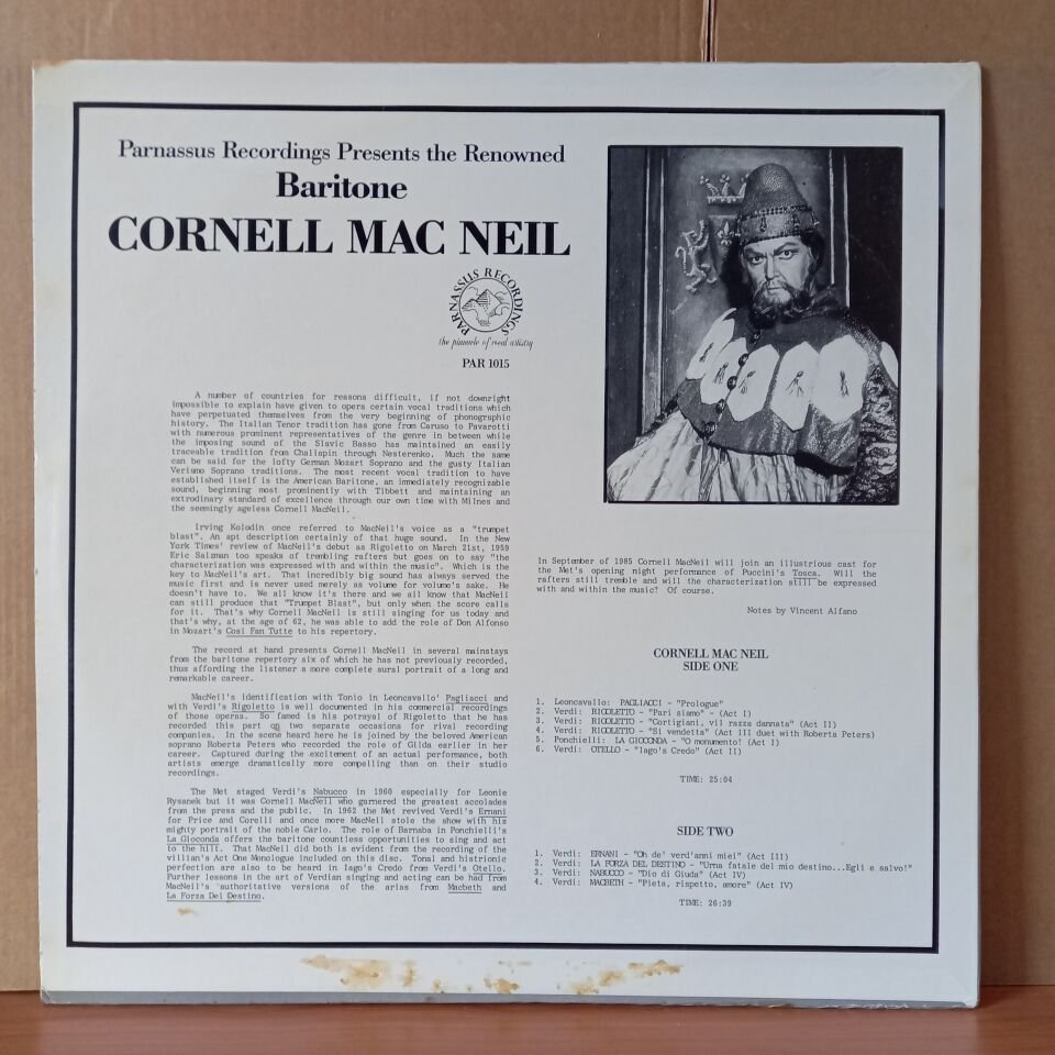 PARNASSUS RECORDINGS PRESENTS THE RENOWNED BARITONE CORNELL MAC NEIL  - LP 2.EL PLAK