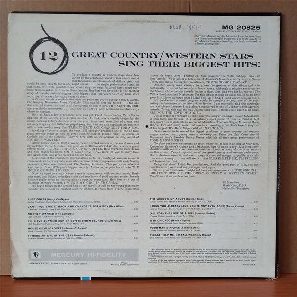 ORIGINAL GREATEST HITS OF THE GREAT COUNTRY AND WESTERN STARS / LEROY VAN DYKE, REX ALLEN, CLAUDE GRAY, JIMMIE SKINNER, GEORGE JONES, MERLE KILGORE (1963) - LP 2.EL PLAK