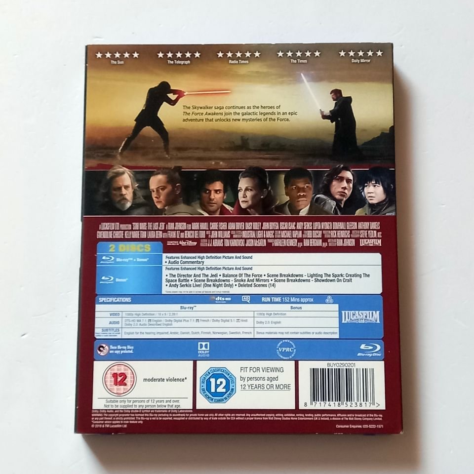 STAR WARS THE LAST JEDI - MARK HAMILL, CARRIE FISHER, ADAM DRIVER - YÖN.: RIAN JOHNSON - 2 DİSK BLU-RAY 2.EL SLIPCASE BÖLGE A-B-C TÜRKÇE ALTYAZI YOKTUR