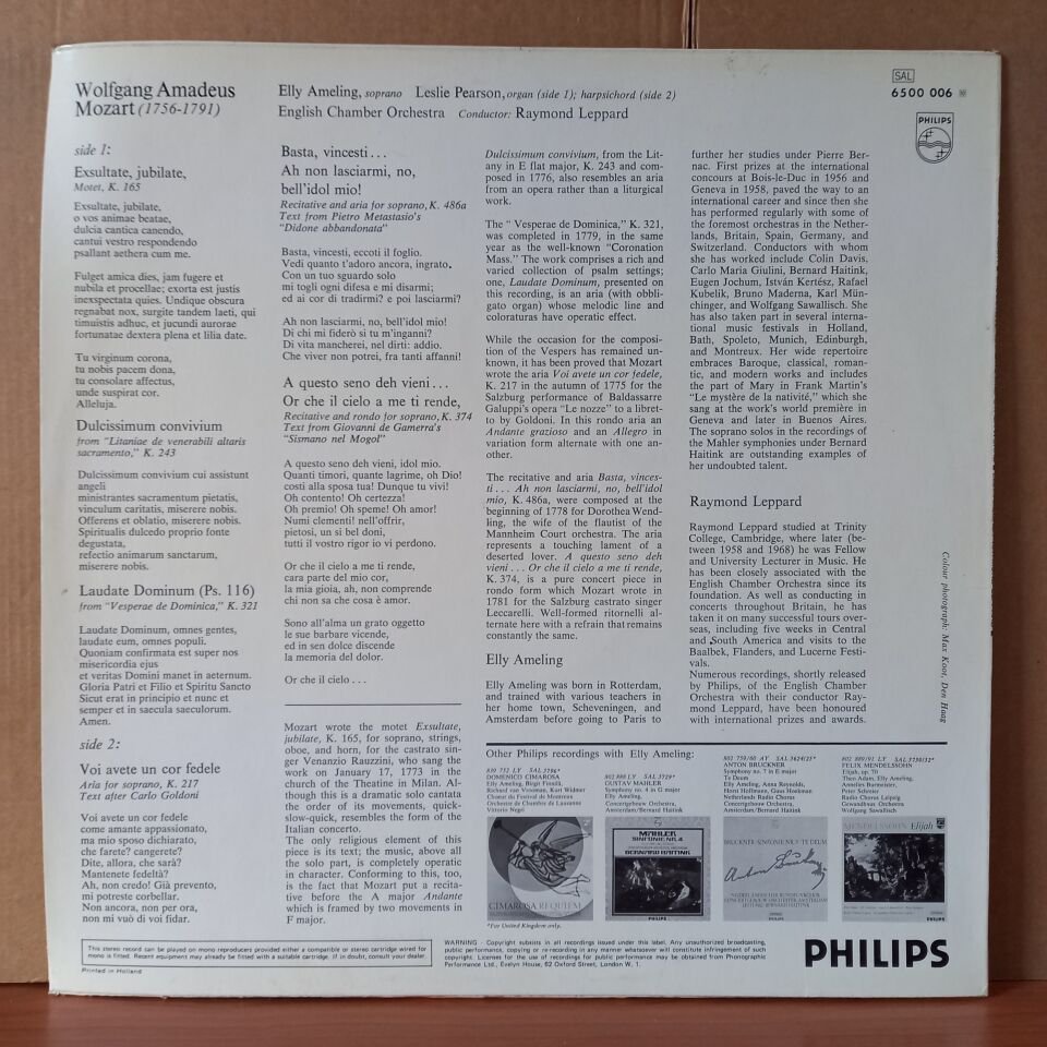 ELLY AMELING SINGS MOZART / EXSULTATE, JUBILATE / DULCISSIMUM CONVIVIUM / LAUDATE DOMINUM / 3 CONCERT ARIAS / ENGLISH CHAMBER ORCHESTRA, RAYMOND LEPPARD (1970) - LP 2.EL PLAK