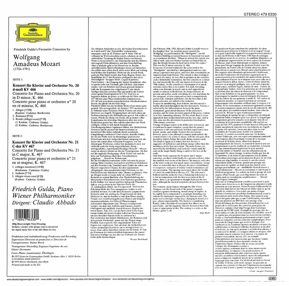 MOZART - PIANO CONCERTOS NR 20 & NR 21 / GULDA ABBADO (1975) - LP 180GR 2016 EDITION DEUTSCHE GRAMMOPHON SIFIR PLAK