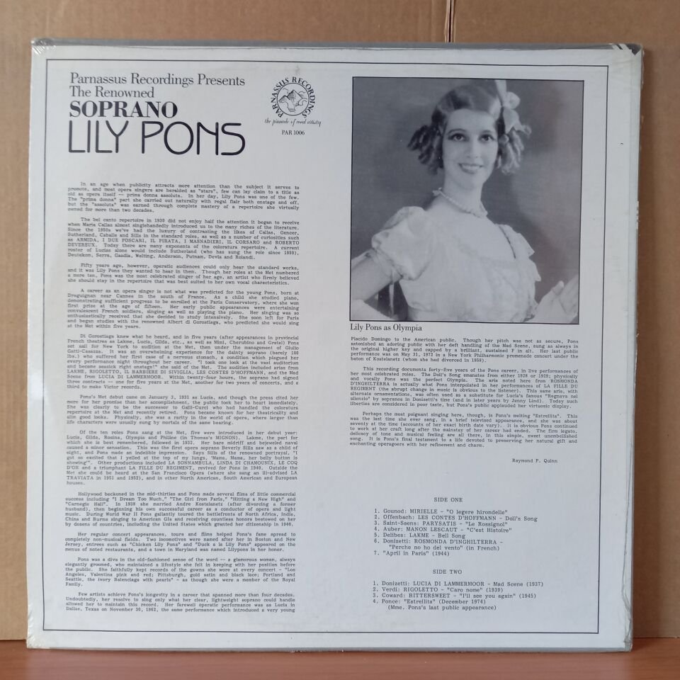 LILY PONS – PARNASSUS RECORDINGS PRESENTS THE RENOWNED SOPRANO LILY PONS / GOUNOD, OFFENBACH, AUBER, DELIBES, DONIZETTI, VERDI - LP DÖNEM BASKISI SIFIR PLAK