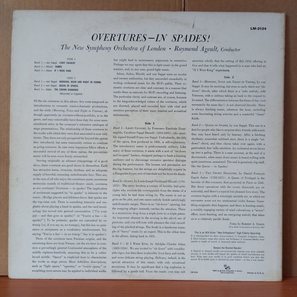OVERTURES ...IN SPADES! / THE NEW SYMPHONY ORCHESTRA OF LONDON, RAYMOND AGOULT (1957) - LP 2.EL PLAK