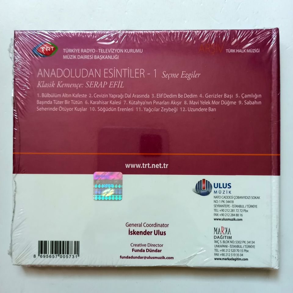 ANADOLU'DAN ESİNTİLER-1 / KLASİK KEMENÇE: SERAP EFİL / TÜRK HALK MÜZİĞİ / TRT ARŞİV SERİSİ 49 - CD SIFIR
