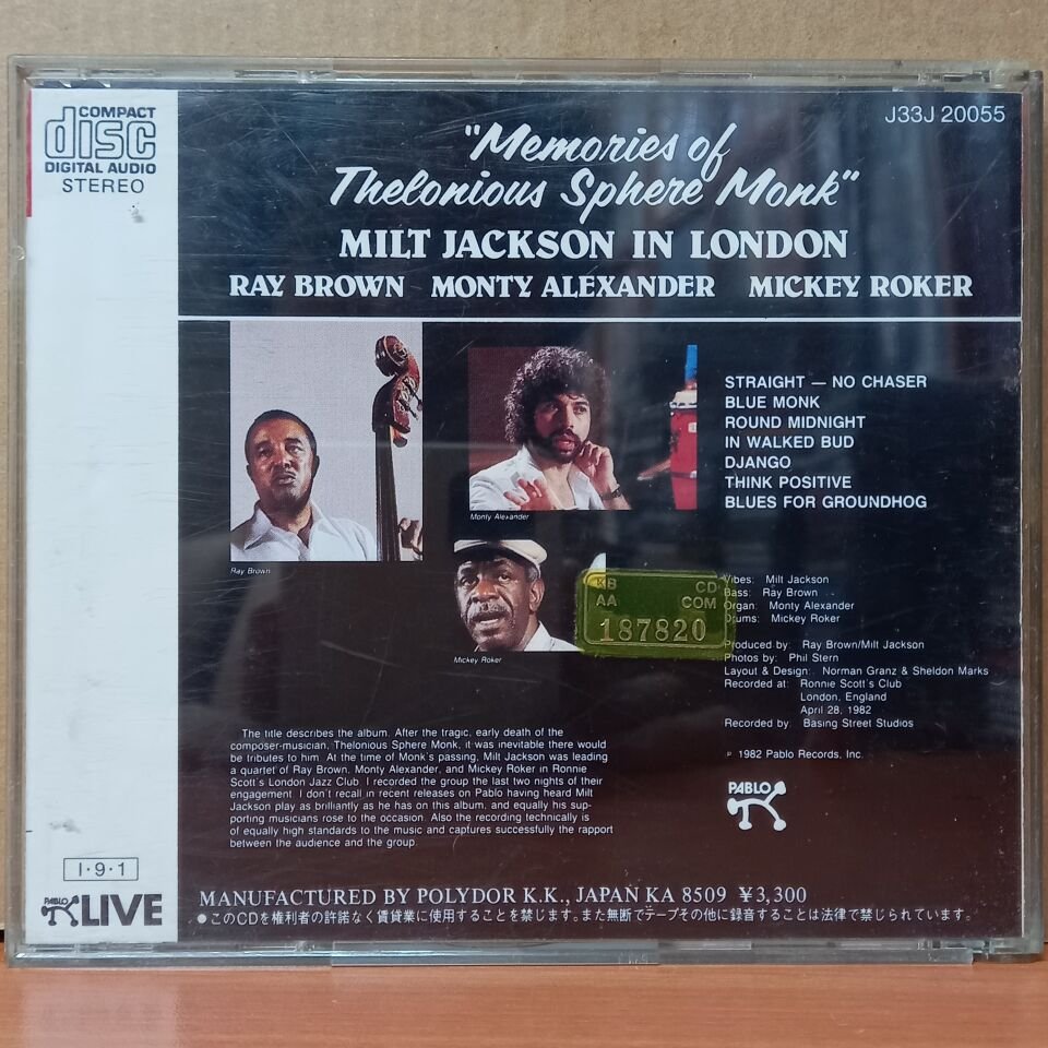 MILT JACKSON - MEMORIES OF THELONIOUS SPHERE MONK / MILT JACKSON IN LONDON / RAY BROWN, MONTY ALEXANDER, MICKEY ROKER (1982) - CD 2.EL