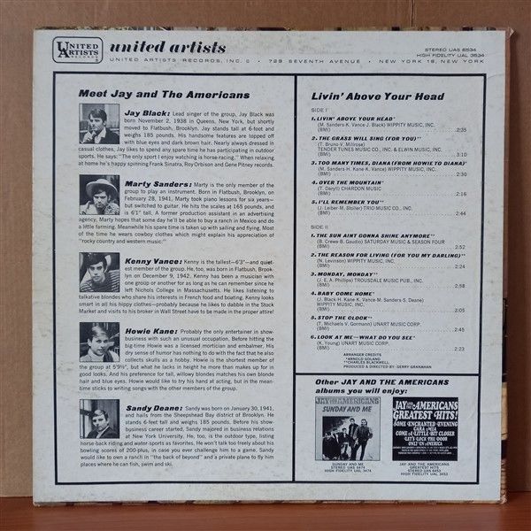 JAY & THE AMERICANS – LIVIN' ABOVE YOUR HEAD (1966) - LP 2.EL PLAK