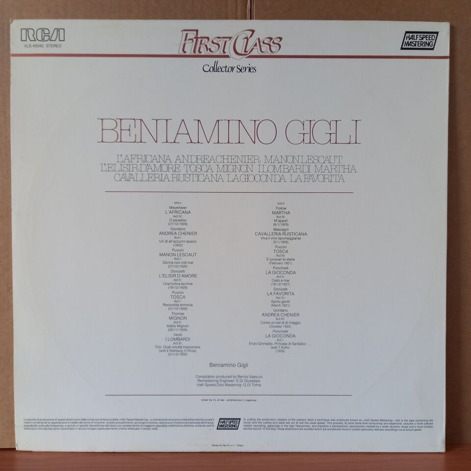 BENIAMINO GIGLI / L'AFRICANA, ANDREA CHENIER, MANON LESCAUT, L'ELISIR D'AMORE, TOSCA, MIGNON, I LOMBARDI, MARTHA, CAVALLERIA RUSTICANA, LA GIOCONDA, LA FAVORITA (1983) - LP 2.EL PLAK