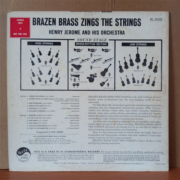 HENRY JEROME AND HIS ORCHESTRA – BRAZEN BRASS ZINGS THE STRINGS (1961) - LP 2.EL PLAK