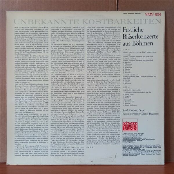 FESTLICHE BLASERKONZERTE AUS BÖHMEN / PAVEL JOSEF VEJVANOVSKY, JAN ZACH, KAREL KLEMENT, KAMMERORCHESTER MUSICI PRAGENSES (1968) - LP 2.EL PLAK