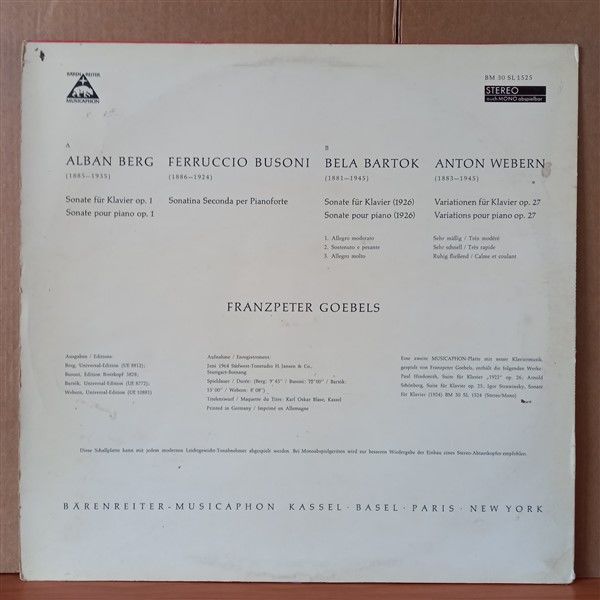 ALBAN BERG / FERRUCCIO BUSONI / BELA BARTOK / ANTON WEBERN - FRANZPETER GOEBELS – SONATE FÜR KLAVIER OP. 1 / SONATINA SECONDA PER PIANOFORTE / SONATE FÜR KLAVIER 1926 / VARIATIONEN FÜR KLAVIER OP. 27 (1966) - LP 2.EL PLAK