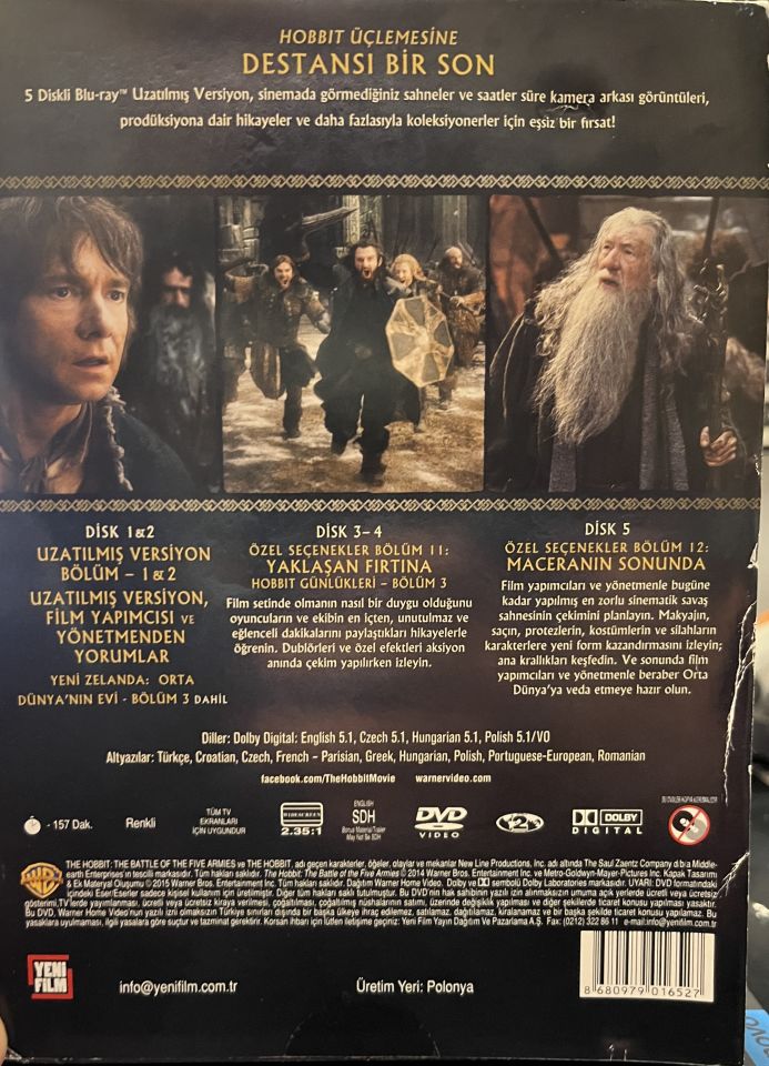 HOBBIT BEŞ ORDUNUN SAVAŞI - THE HOBBIT THE BATTLE OF THE FIVE ARMIES - IAN McKELLEN - MARTIN FREEMAN - PETER JACKSON - 5 DVD EXTENDED EDITION - UZATILMIŞ VERSİYON  2.EL
