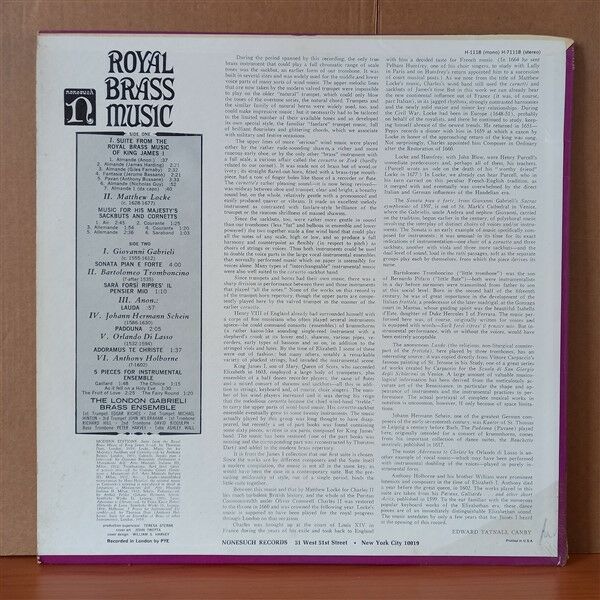 ROYAL BRASS MUSIC / THE LONDON GABRIELI BRASS ENSEMBLE (1965) - LP 2.EL PLAK