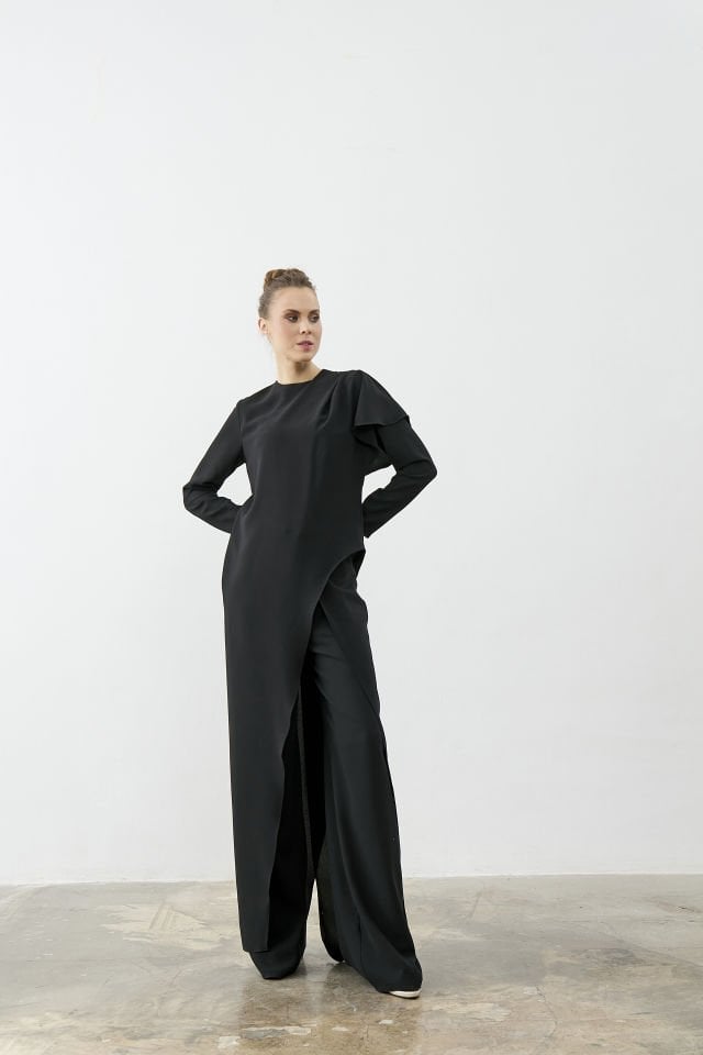 Kapaklı Pantalon Tek Yanı Uzun Tunik Takım 44