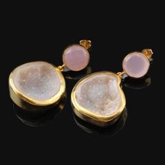 Kalsedon ve Pembe Kuvars Doğal Taşlı Gümüş Küpe