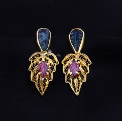 Yaprak Model Garnet ve Zümrüt Doğaltaşlı Gümüş Küpe