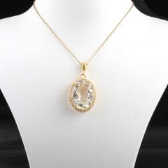 Fasetli Kristal Kuvars Doğal Taşlı Gümüş Kolye