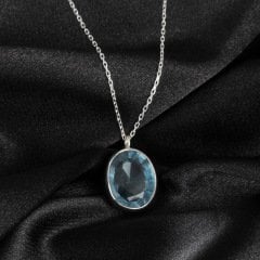 Mavi Topaz Doğaltaşlı Minimal Gümüş Kolye