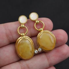 Opal ve Kehribar Doğaltaşlı Gümüş Küpe