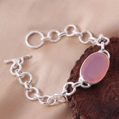 Pembe Kuvars Doğaltaşlı Gümüş Bileklik