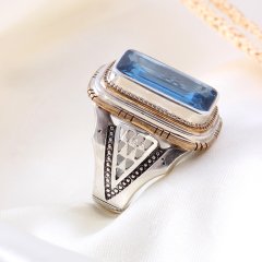 Mavi Topaz Doğaltaşlı Erkek Kare Yüzük