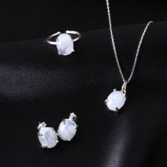 Ay Taşı Doğaltaşlı Minimal Gümüş Set